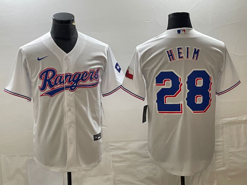 Men Texas Rangers 28 Heim White Game Nike 2023 MLB Jersey style 1